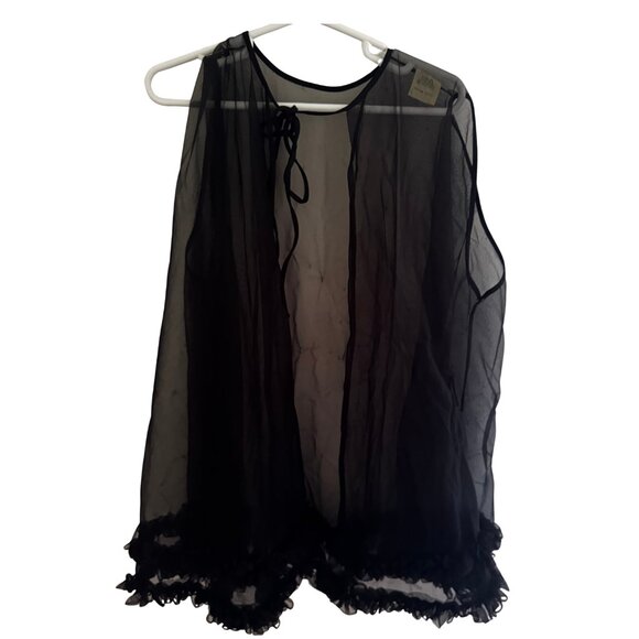 70s 80s Vintage Sheer Black Peignoir Robe with Ruffle Hem | Goth Dark Romance - Picture 3 of 8